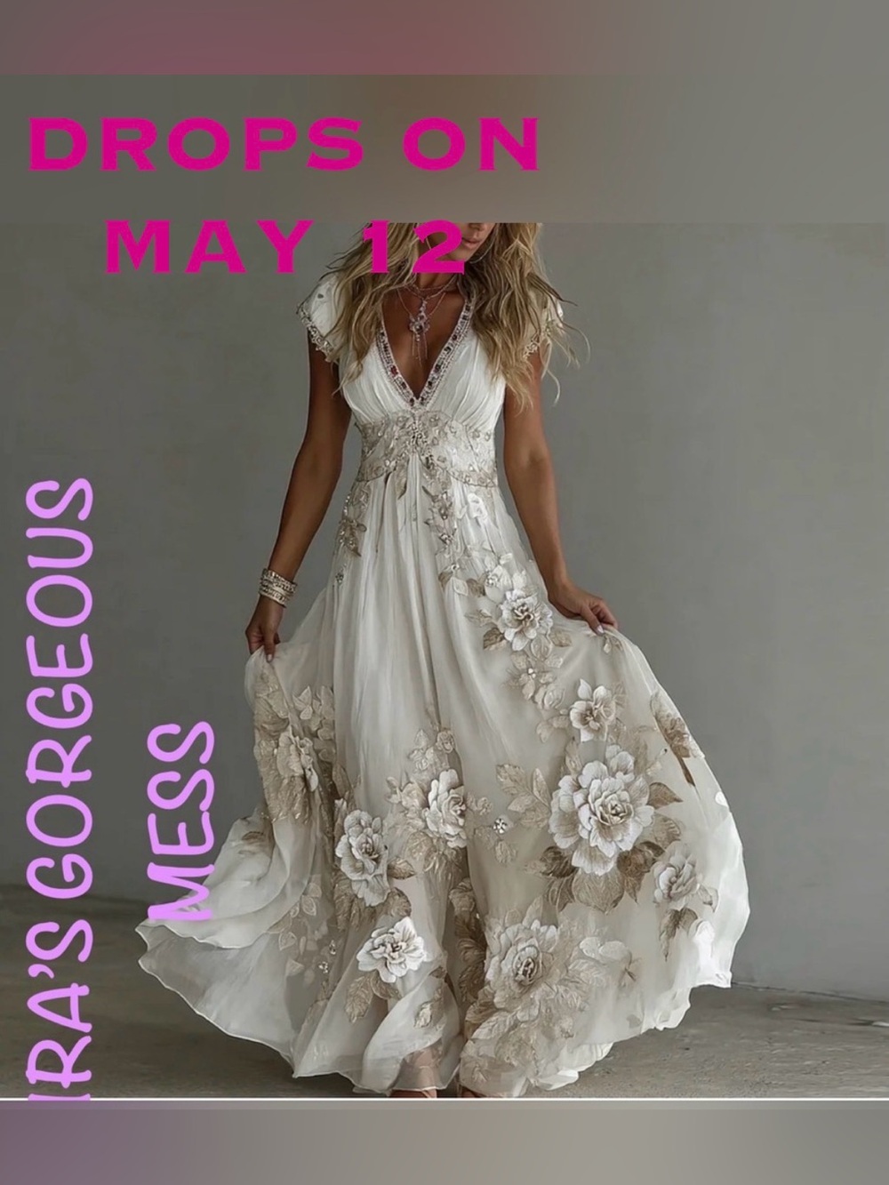 ❤️‍🔥DROPPING ON 05/12/26❤️‍🔥 Boho Ivory Floral Embroidered Maxi Dress Cap Sleeve
